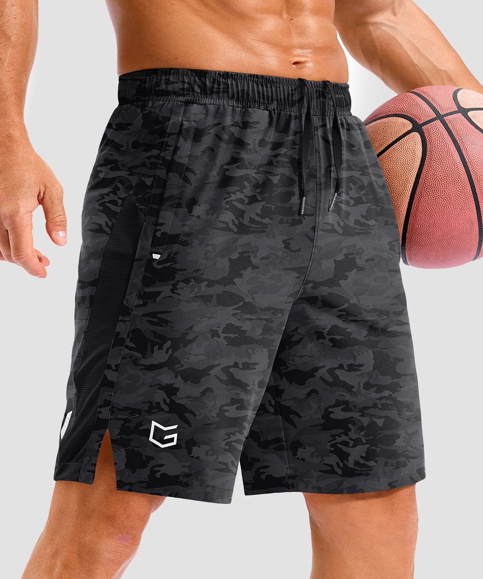 lightweight 9" pocketed athletic shorts in black camo - front view