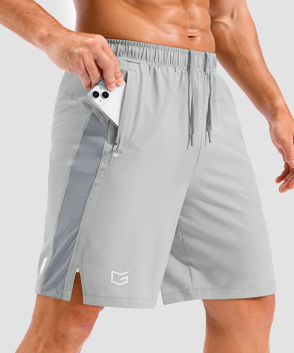 lightweight 9" pocketed athletic shorts in bright gray - pocket detail view