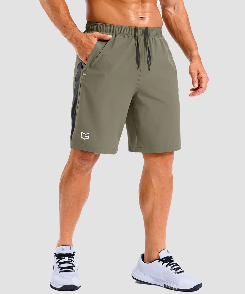 lightweight 9" pocketed athletic shorts in gray sage - on model front view
