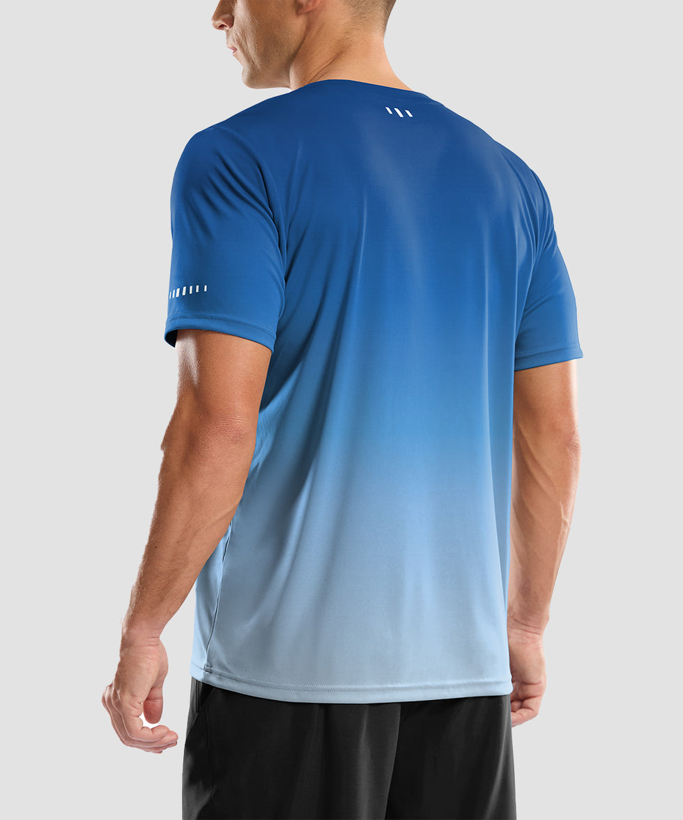 men's UV protection reflective short sleeve in gradient blue white - back view