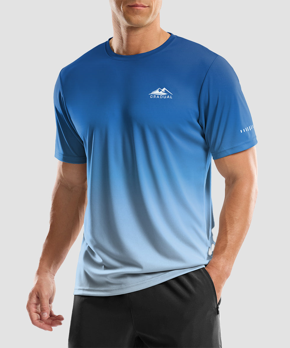 men's UV protection reflective short sleeve in gradient blue white - front view