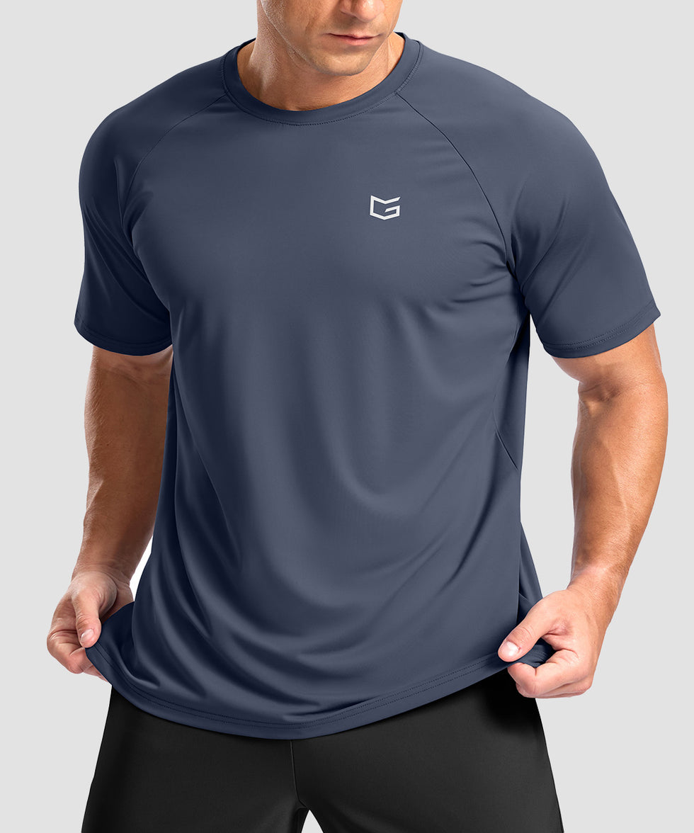 men's back reflective short sleeve in dusty blue - front view
