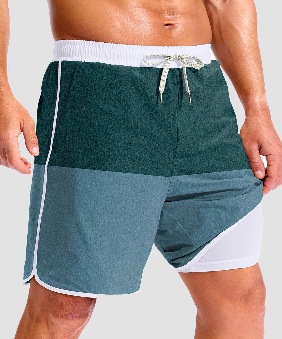 men's compression liner 4 pockets board short 7'' in blue green colorblock - front view