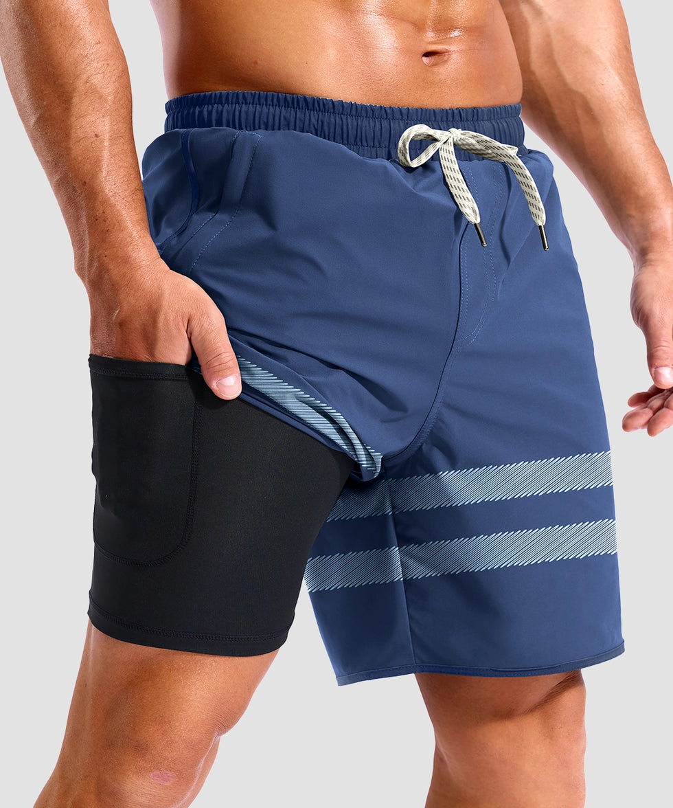men's compression liner 4 pockets board short 7'' in blue stripes - pocket details view
