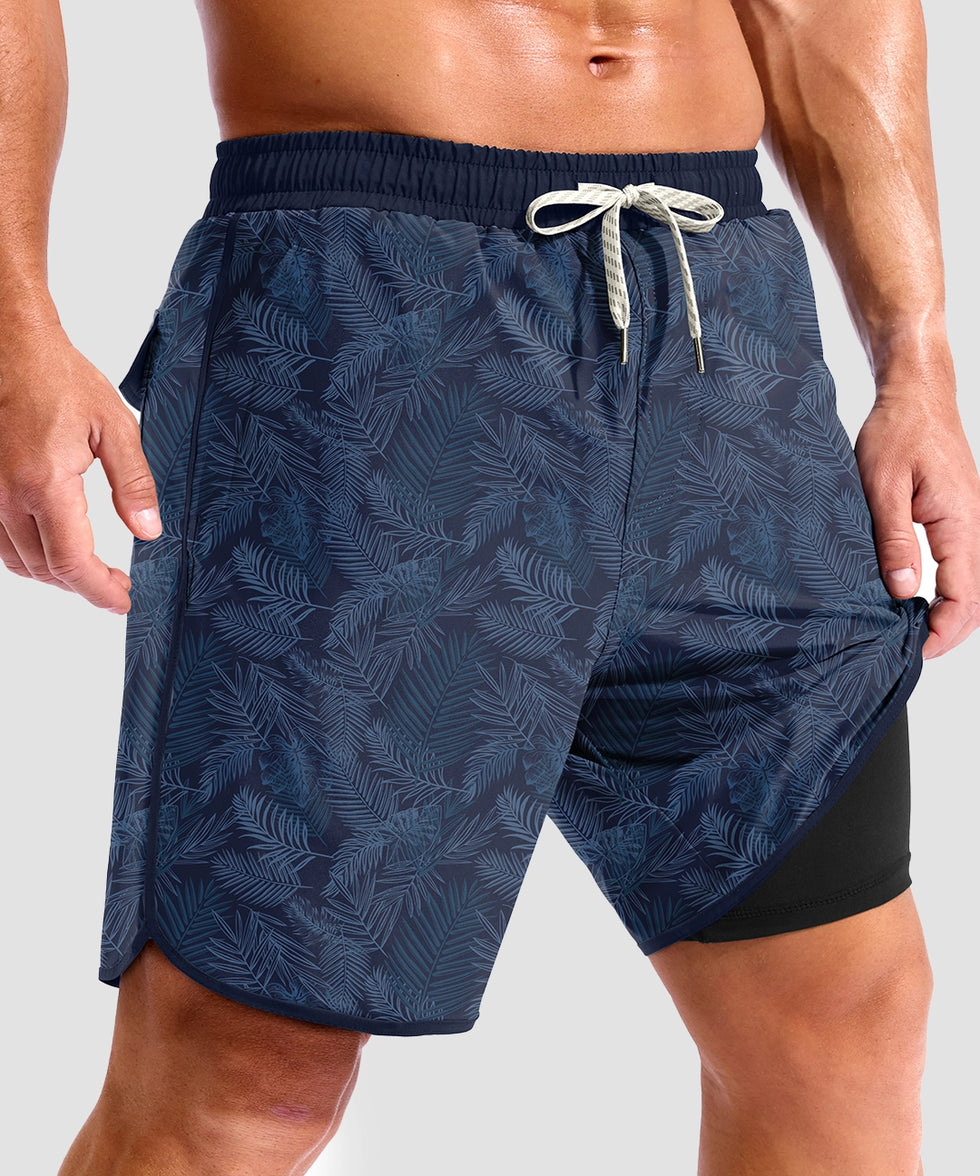 men's compression liner 4 pockets board short 7'' in navy leaf - side view