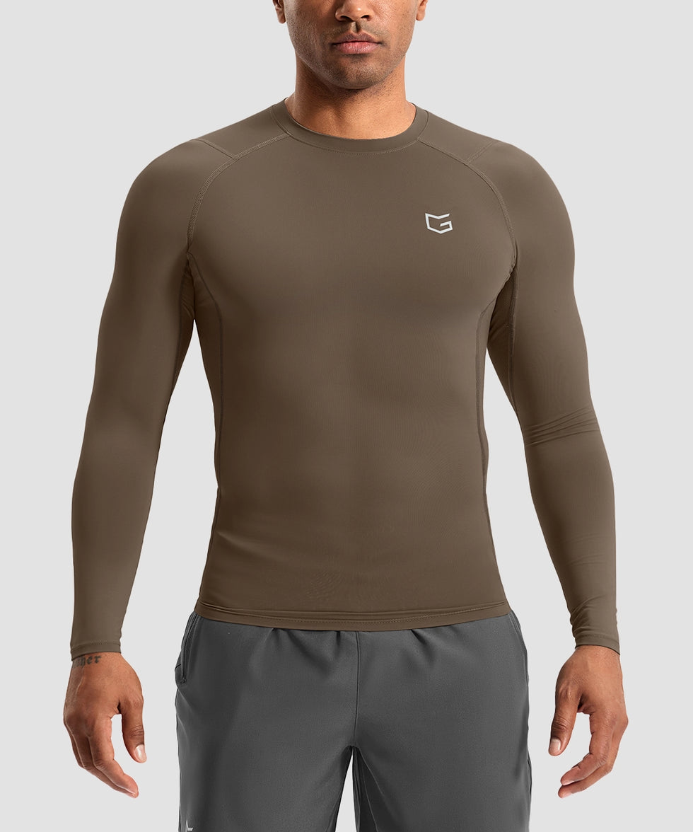 men's compression pullover long sleeve in coffee - front view