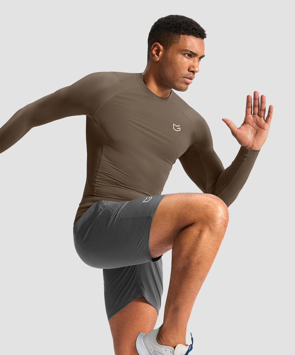 men's compression pullover long sleeve in coffee - side view