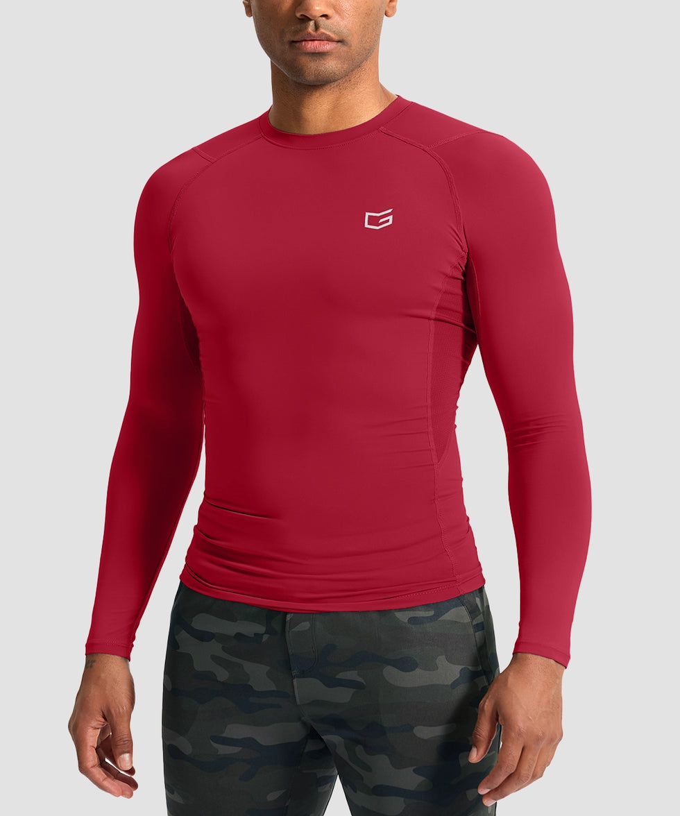men's compression pullover long sleeve in dark red - front view