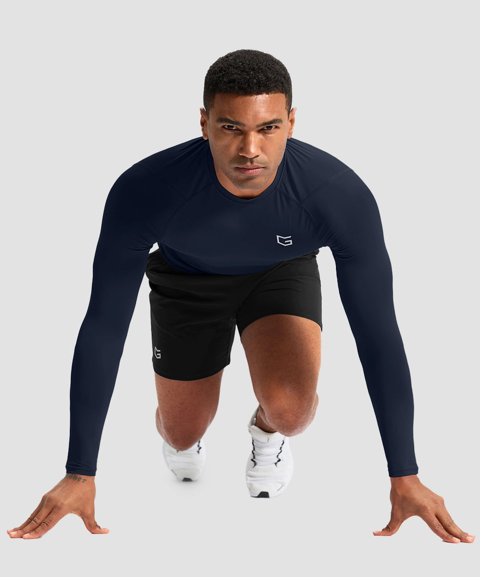 men's compression pullover long sleeve in navy - side view