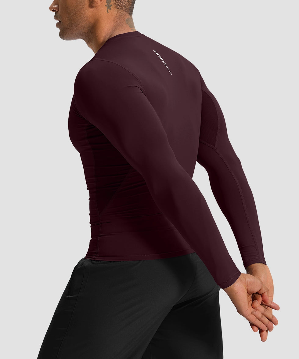 men's compression pullover long sleeve in wine - back view