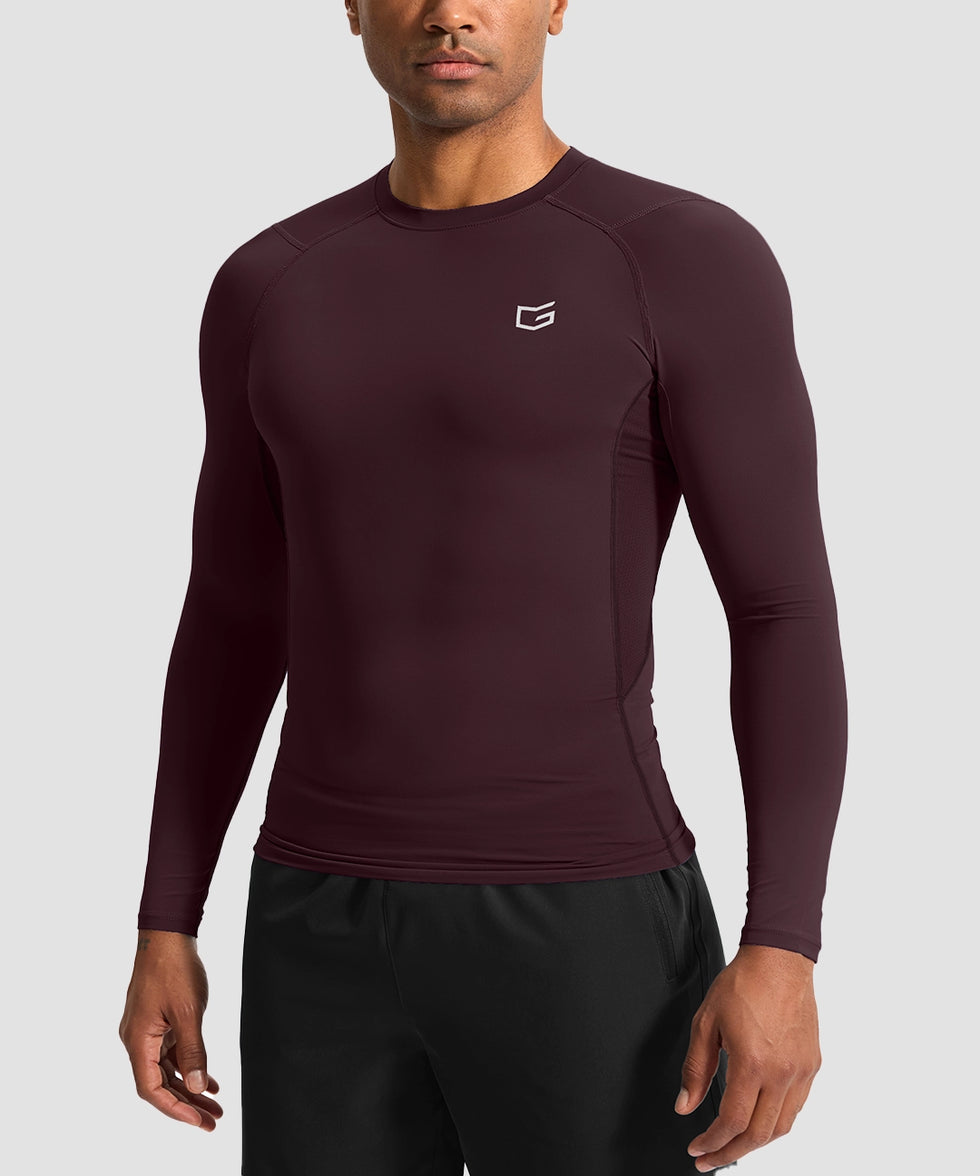 men's compression pullover long sleeve in wine - front view