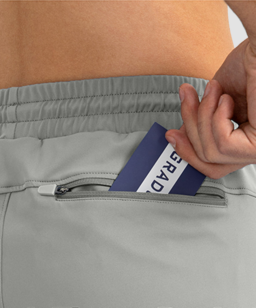 men's drawstring with 3 zipper pockets pant in bright gray - back zipper pocket detail view