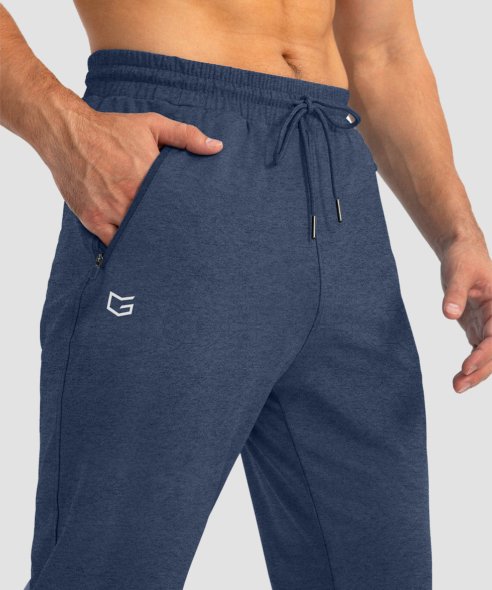 men's drawstring with 3 zipper pockets pant in heathered academy blue - zipper pocket detail view
