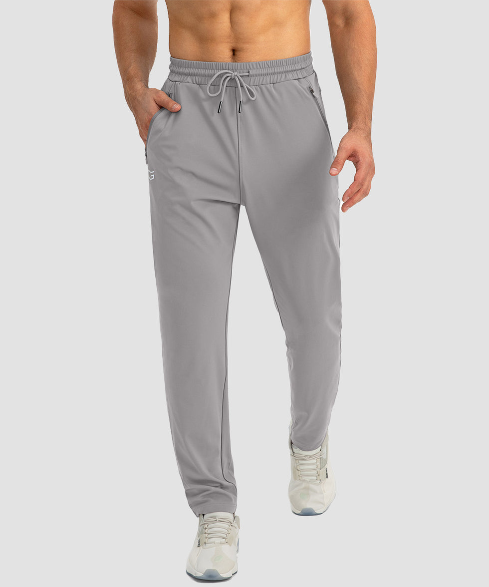 men's drawstring with 3 zipper pockets pant in light gray - front view