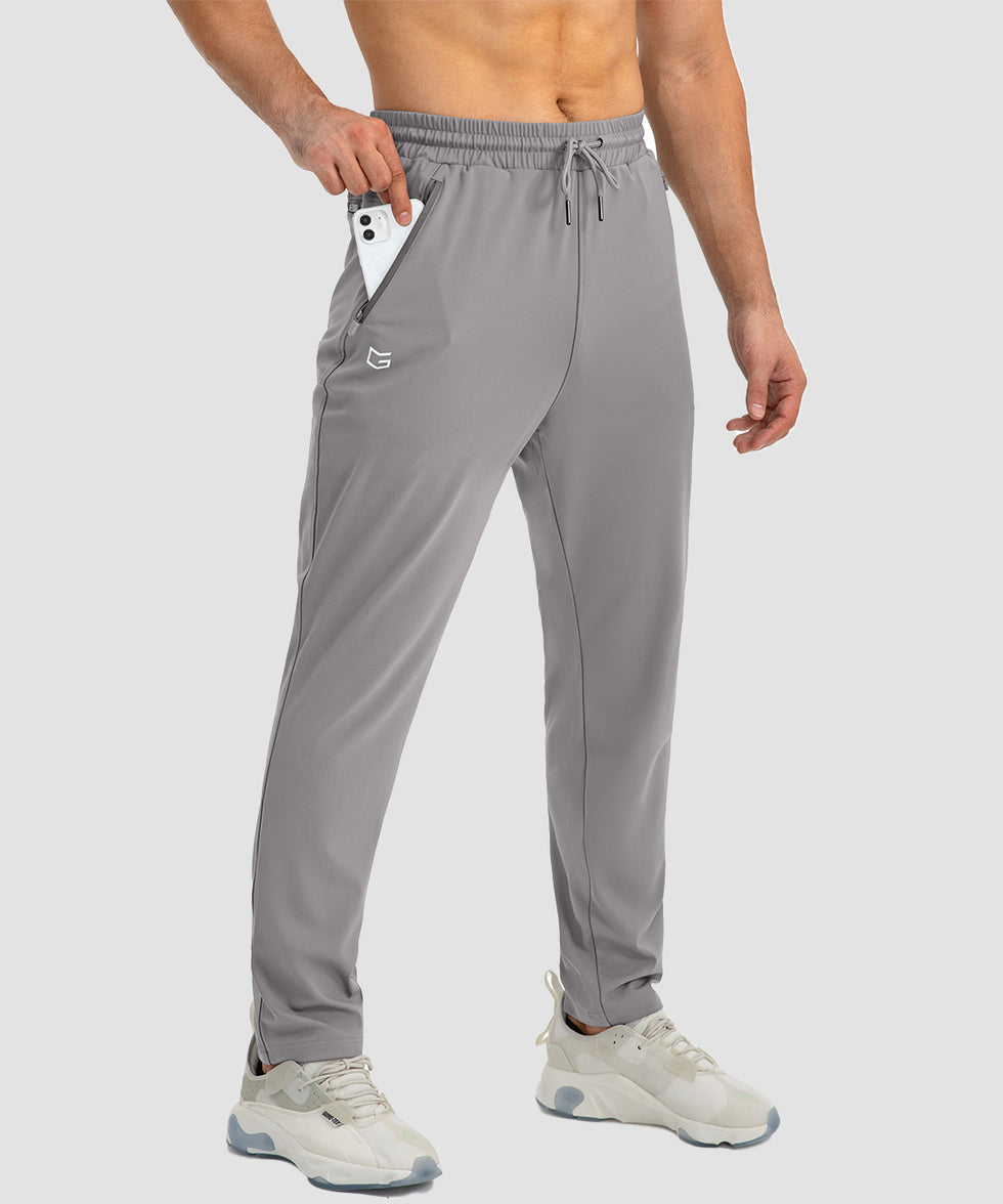 men's drawstring with 3 zipper pockets pant in light gray - side view