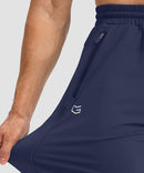 men's drawstring with 3 zipper pockets pant in navy - stretchy fabric details view