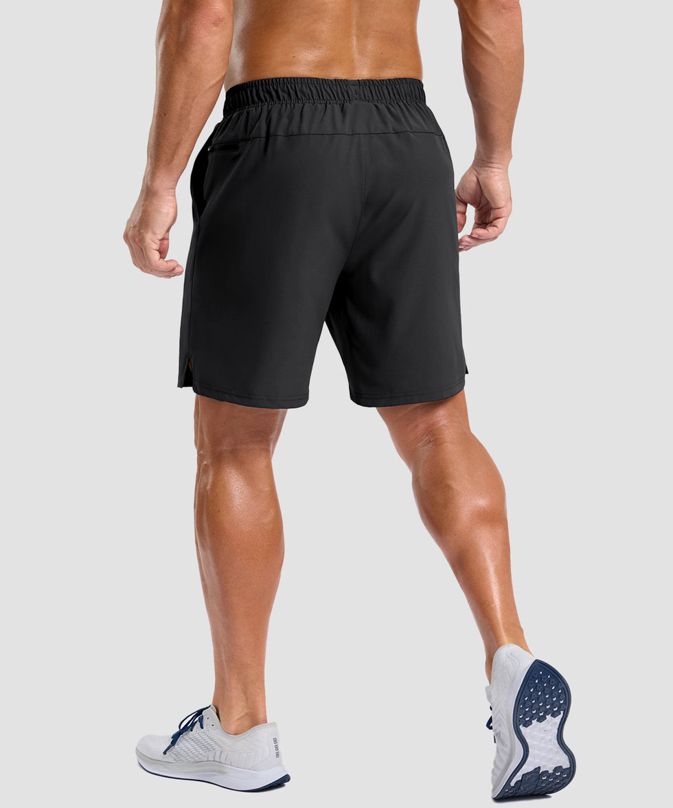 men's elastic waist split hem shorts 7'' in black - back view