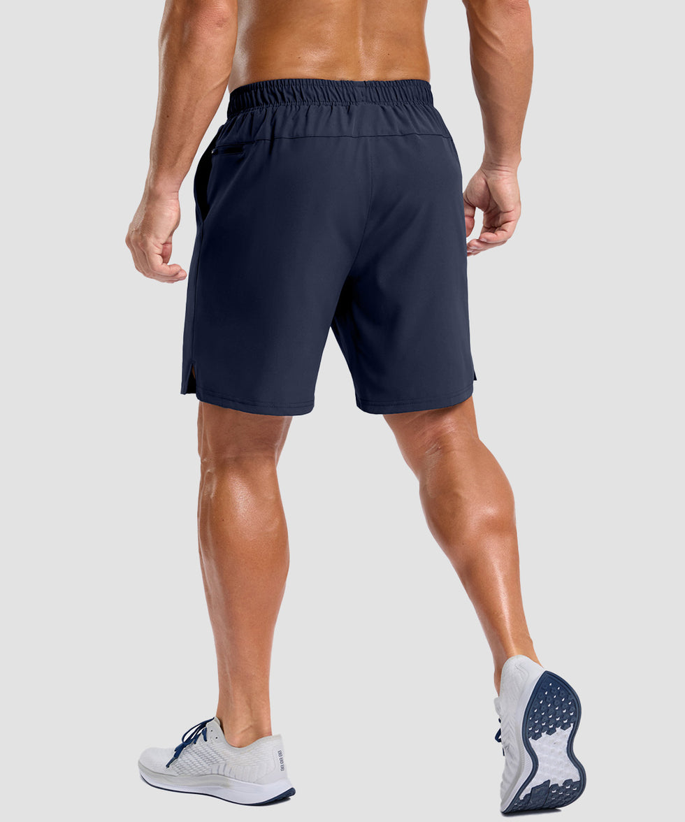 men's elastic waist split hem shorts 7'' in navy - back view
