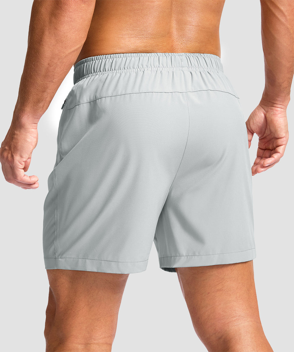 men's elastic waist zipper pockets short 5'' in bright gray - back view