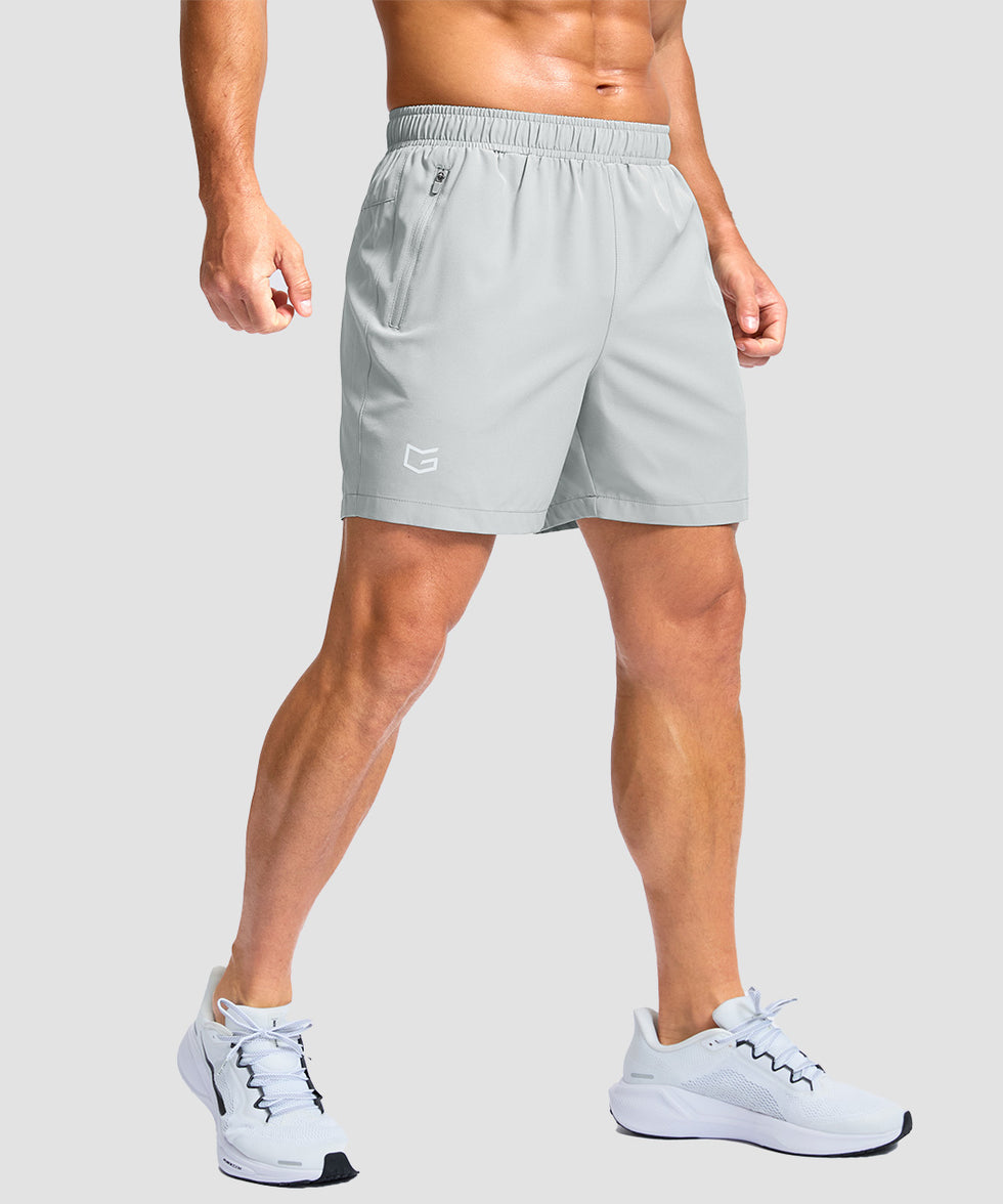 men's elastic waist zipper pockets short 5'' in bright gray - front view