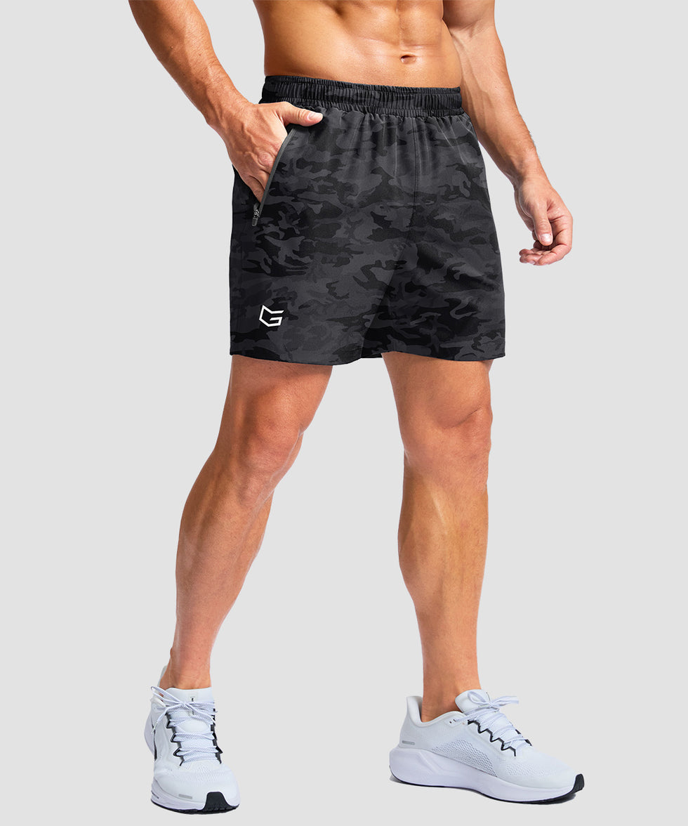 men's elastic waist zipper pockets short 5'' in gray camo - side view