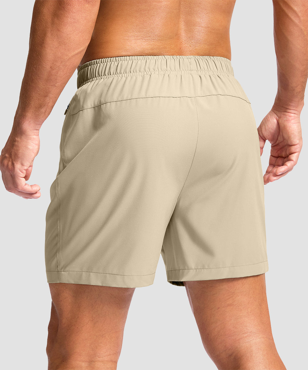 men's elastic waist zipper pockets short 5'' in light khaki - back view