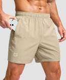 men's elastic waist zipper pockets short 5'' in light khaki - zipper pocket detail view