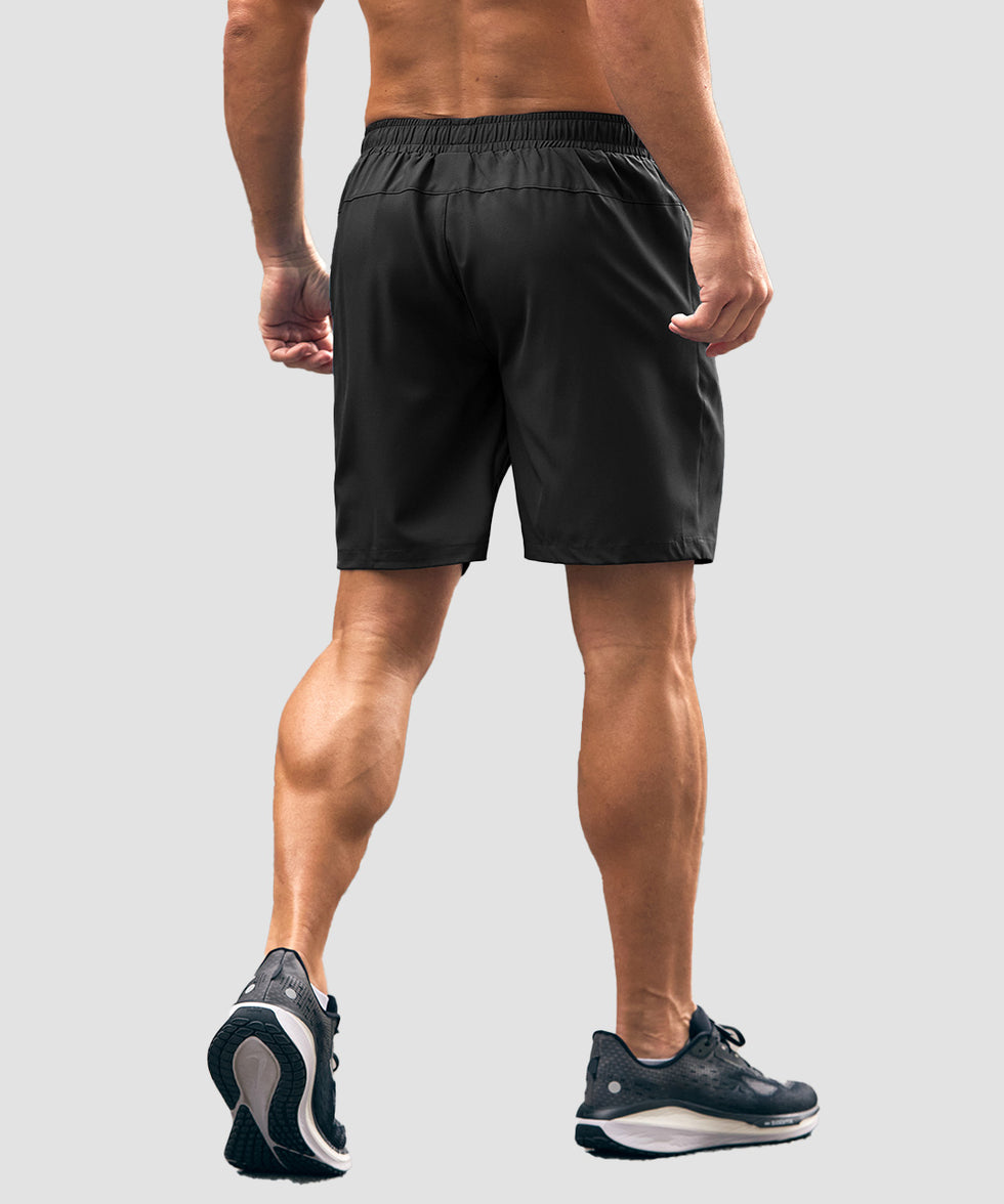men's elastic waist zipper pockets short 7'' in black - back view