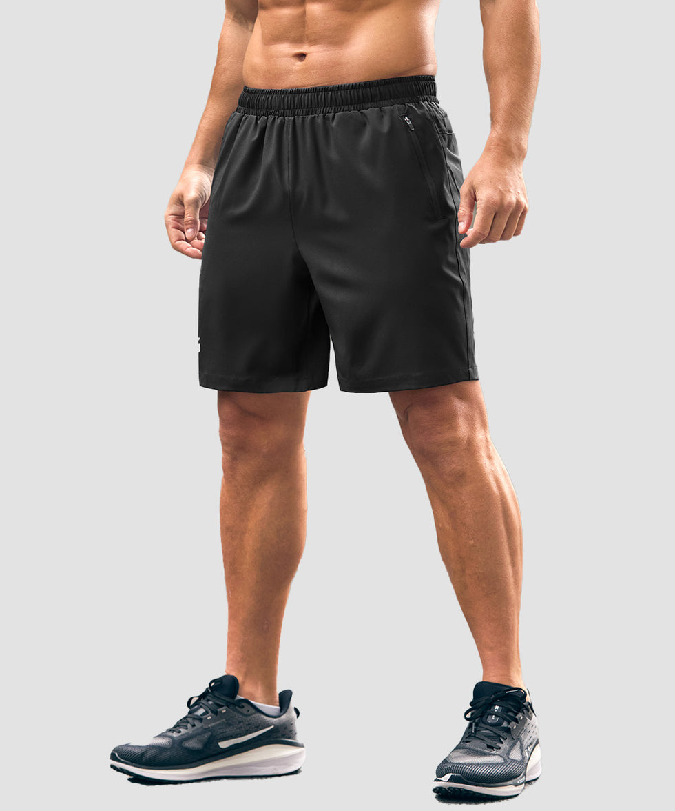 men's elastic waist zipper pockets short 7'' in black - front view