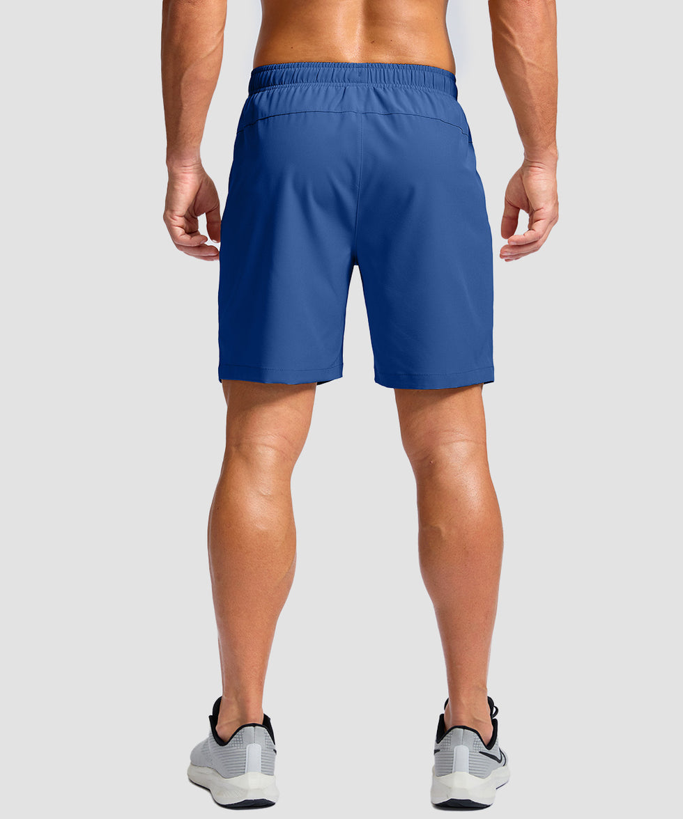 men's elastic waist zipper pockets short 7'' in blue - back view