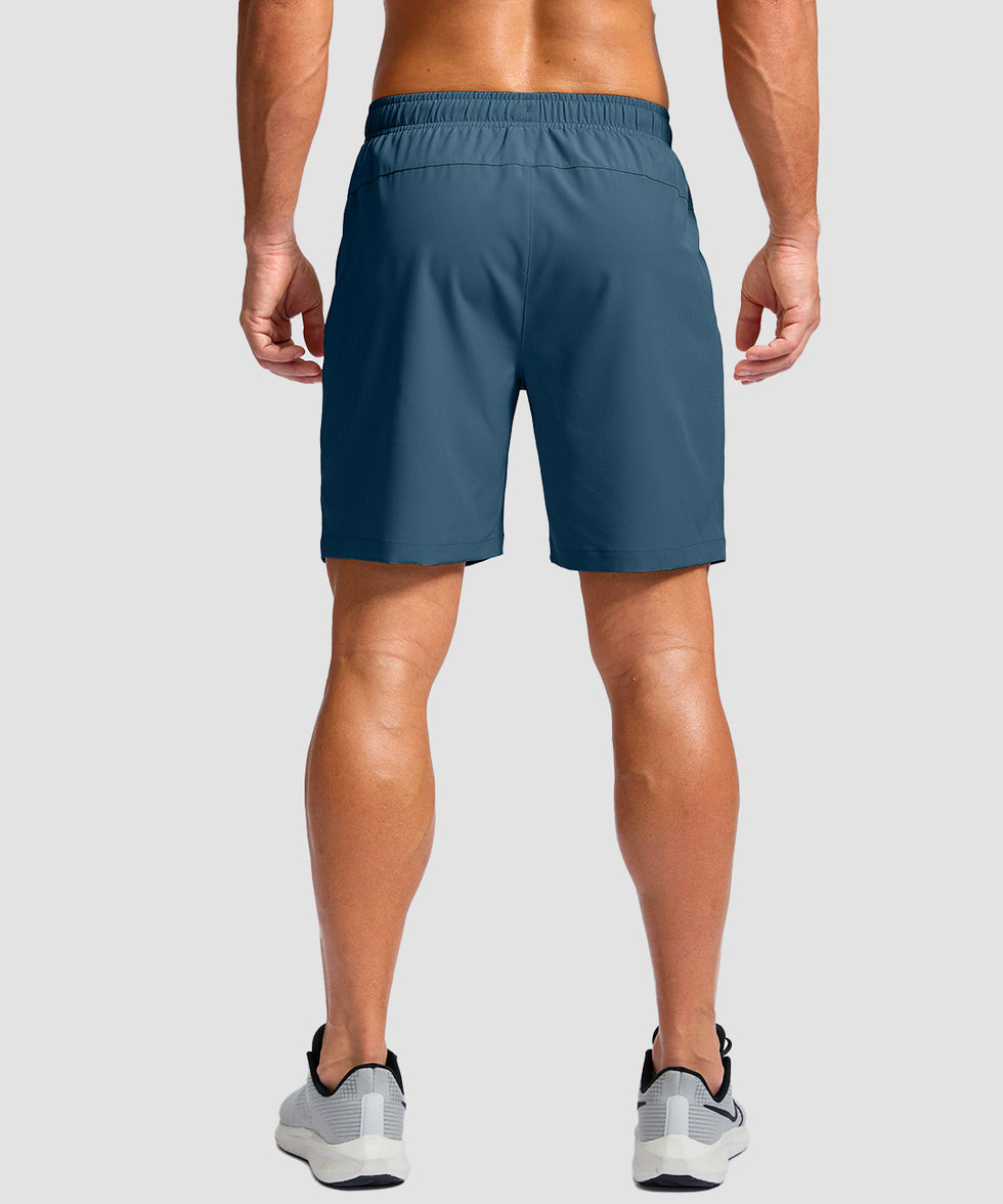 men's elastic waist zipper pockets short 7'' in dusty blue - back view