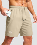 men's elastic waist zipper pockets short 7'' in light khaki - zipper pocket detail view