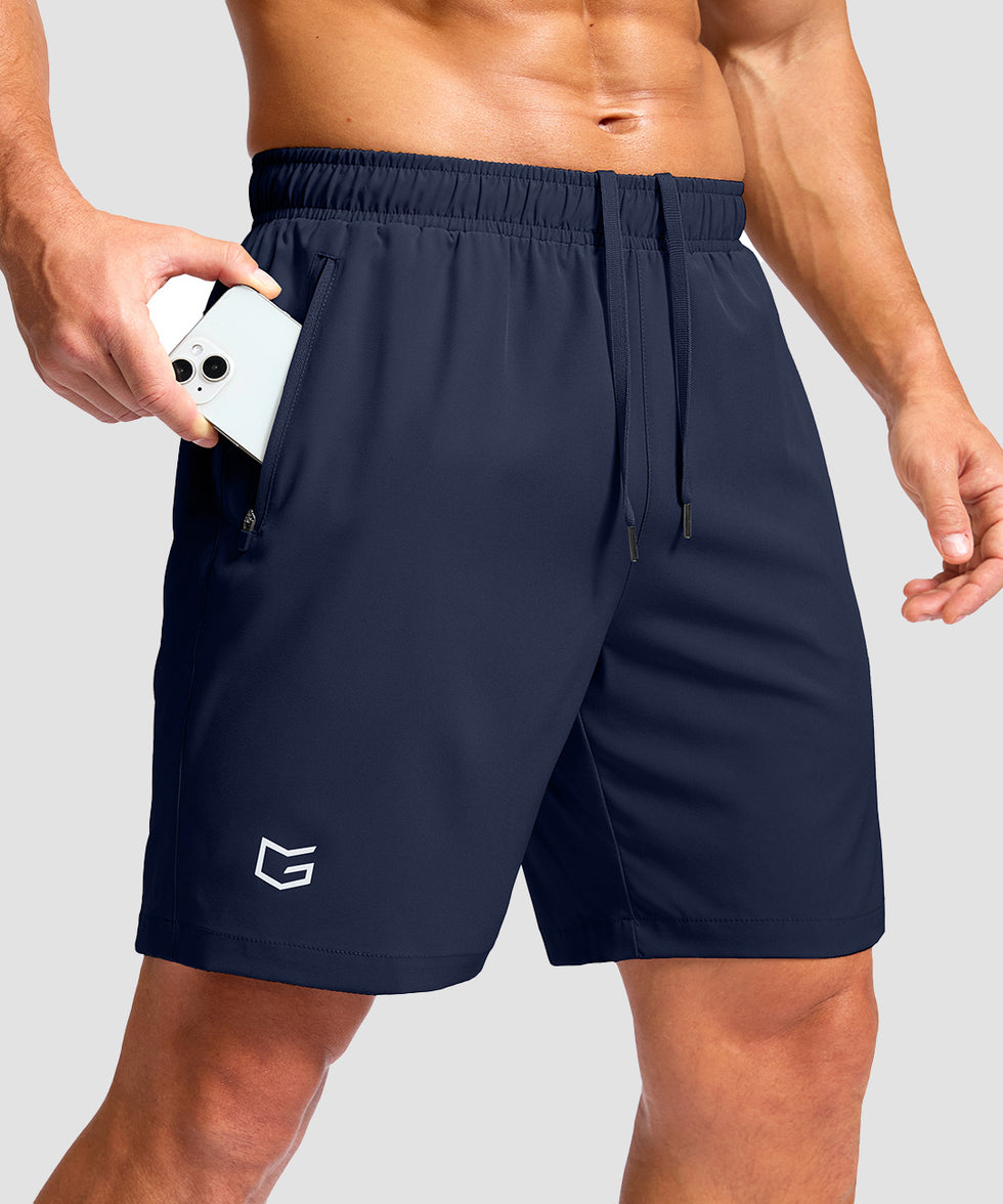 men's elastic waist zipper pockets short 7'' in navy - zipper pocket detail view