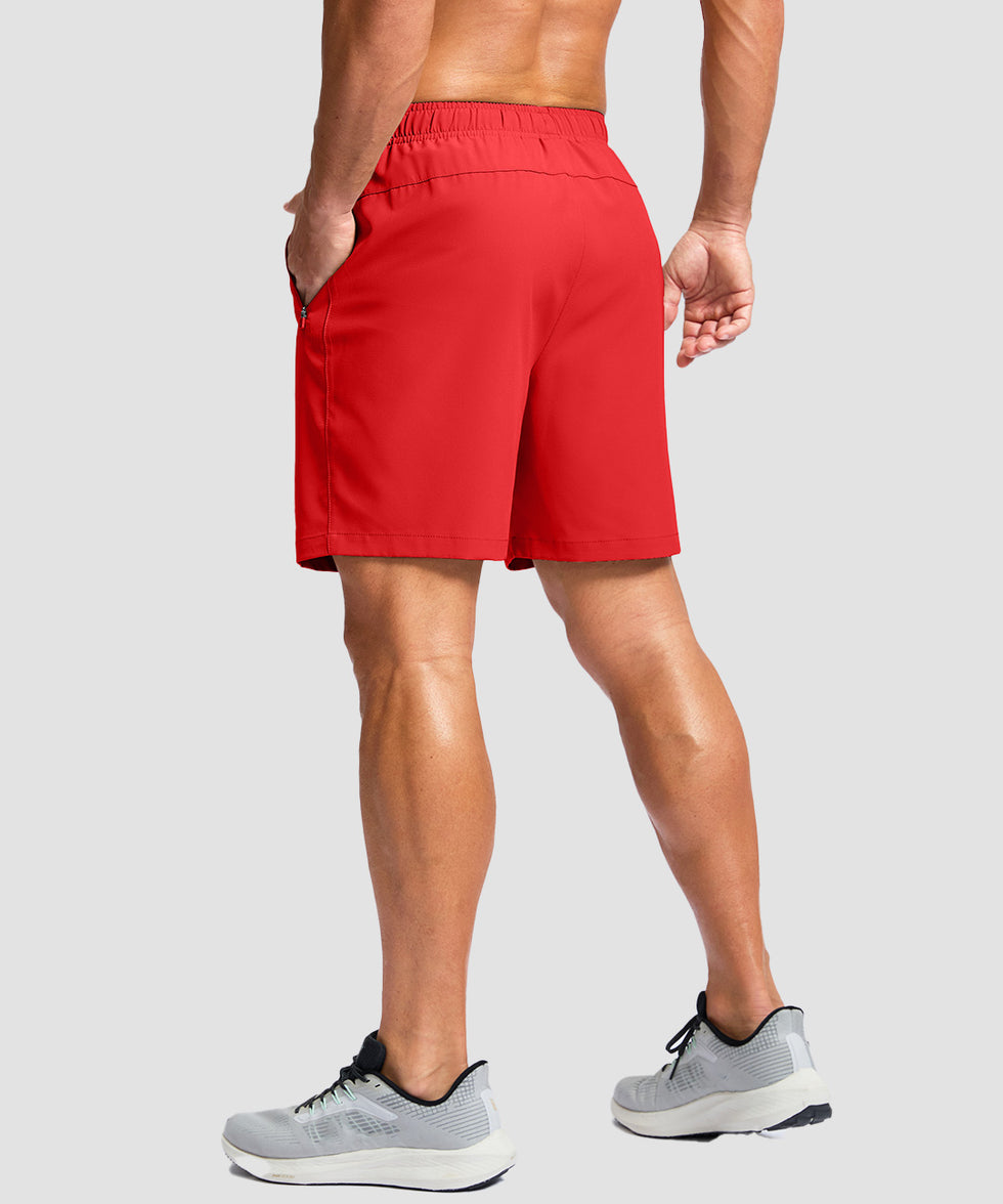 men's elastic waist zipper pockets short 7'' in red - back view