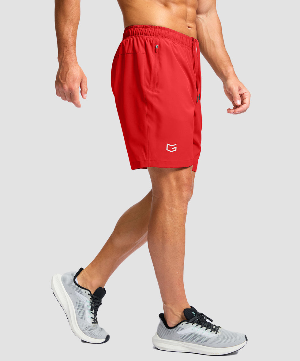 men's elastic waist zipper pockets short 7'' in red - side view