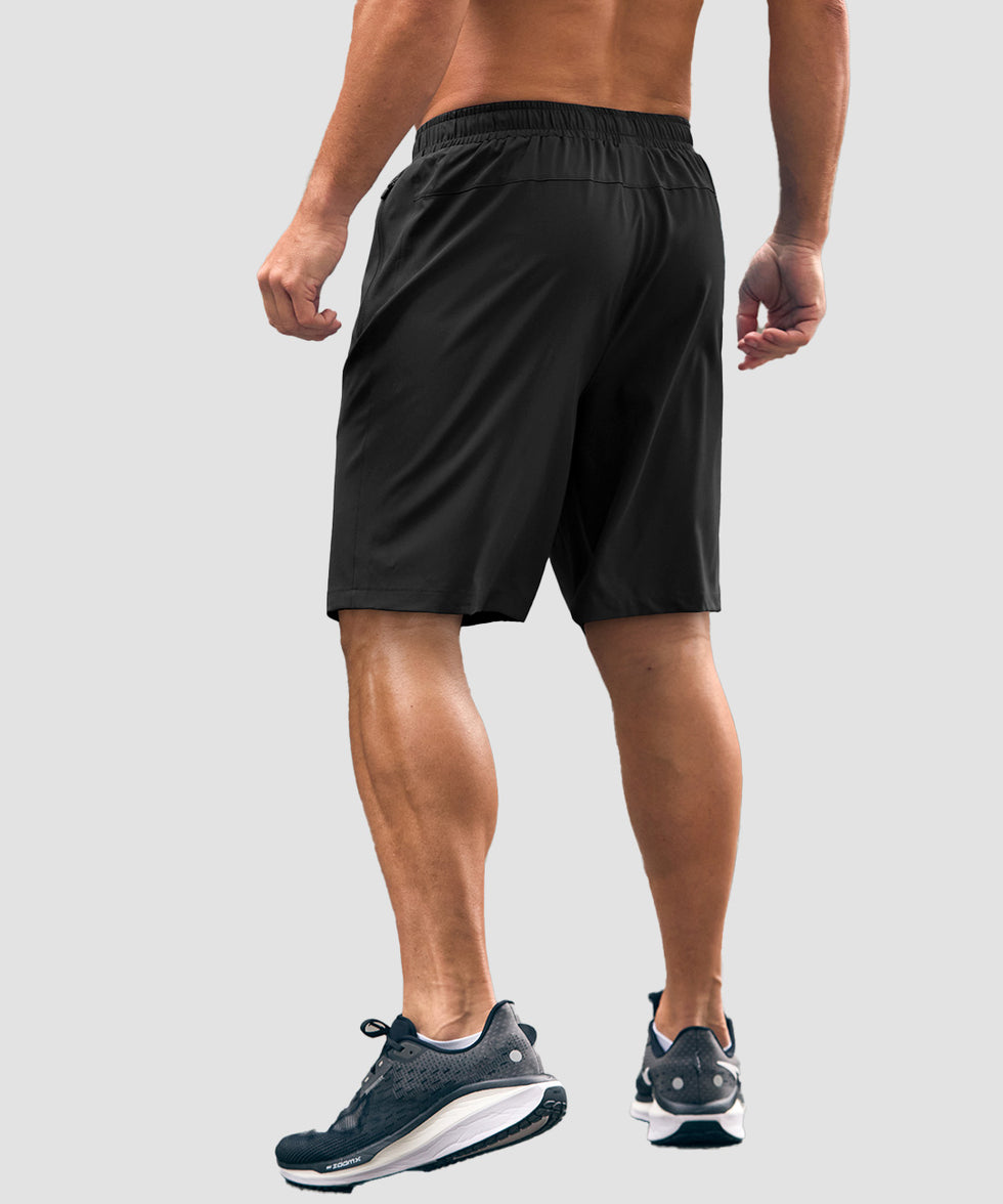 men's elastic waist zipper pockets short 9'' in black - back view