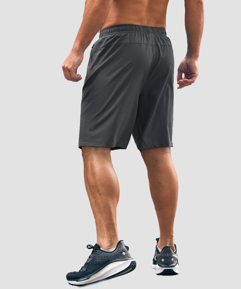 men's elastic waist zipper pockets short 9'' in dark gray - back view