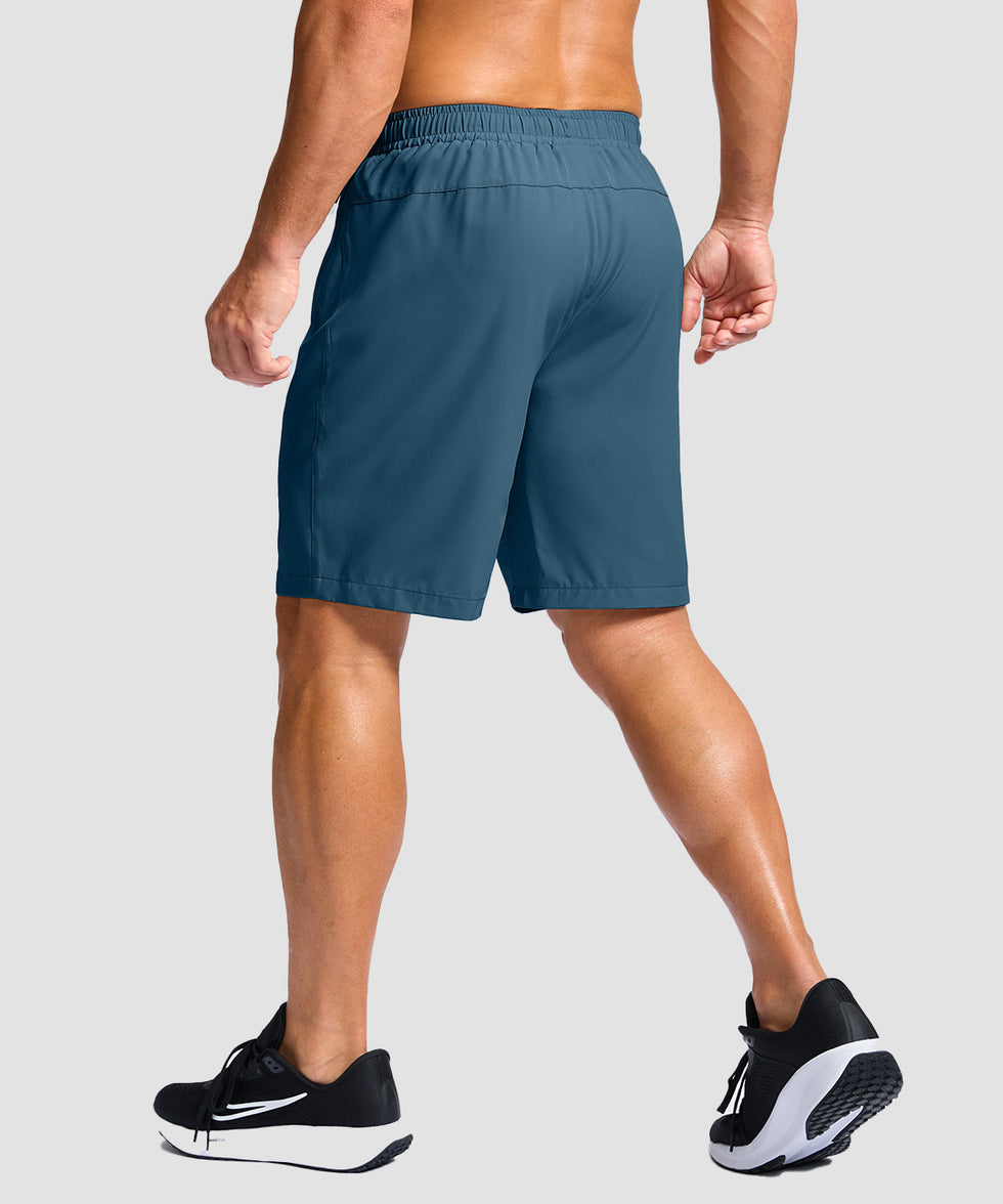 men's elastic waist zipper pockets short 9'' in dusty blue - back view
