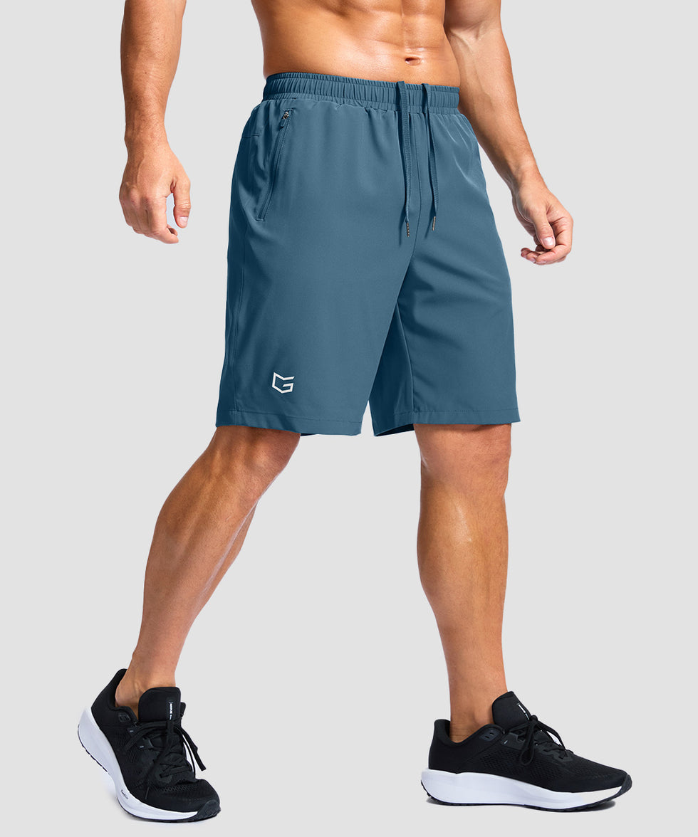 men's elastic waist zipper pockets short 9'' in dusty blue - side view