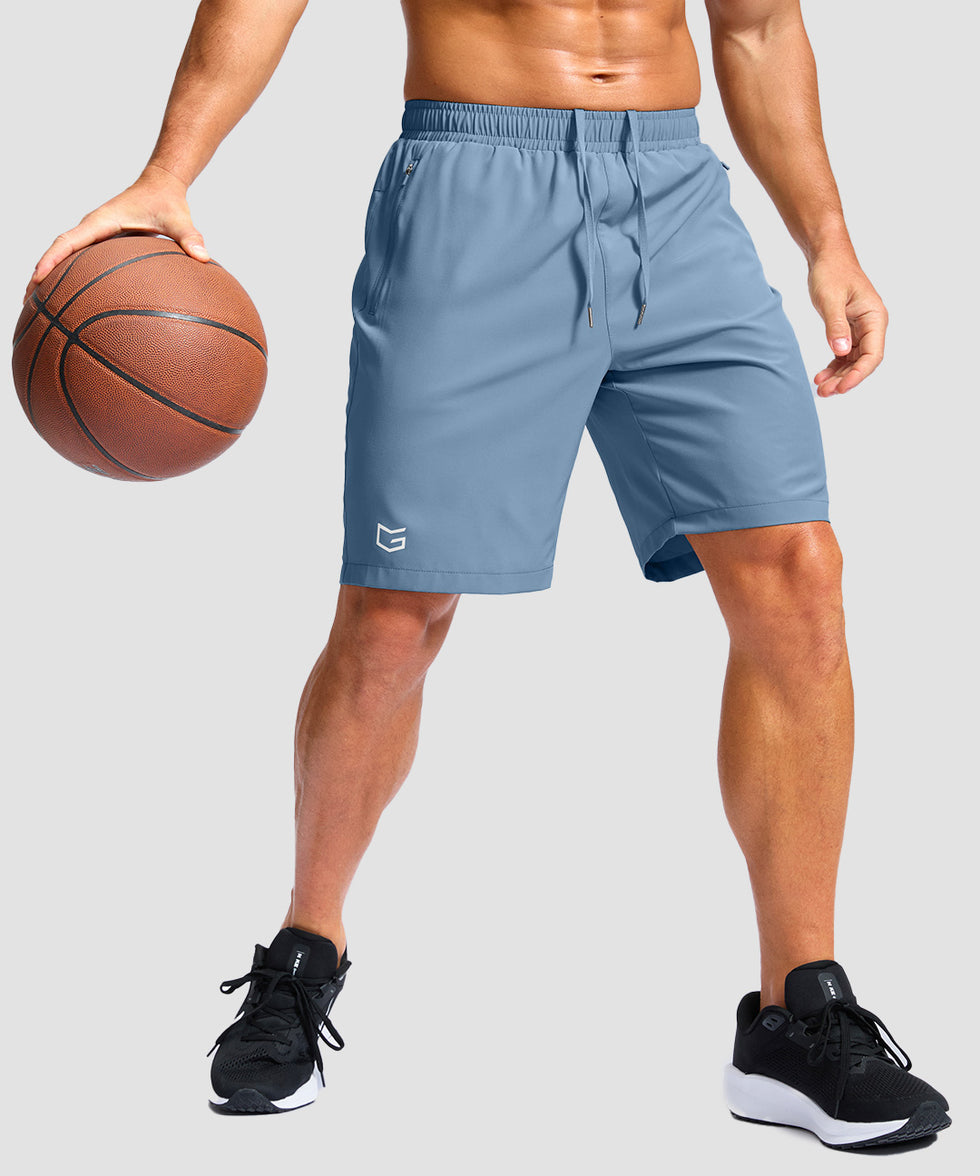 men's elastic waist zipper pockets short 9'' in gray blue - side view