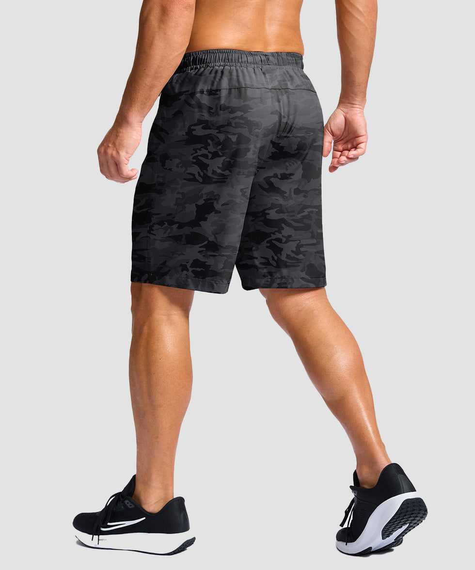 men's elastic waist zipper pockets short 9'' in gray camo - back view
