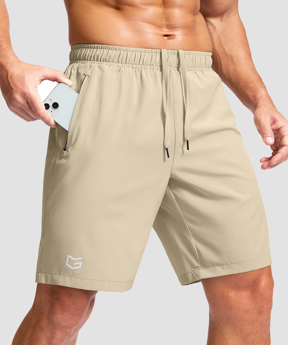 men's elastic waist zipper pockets short 9'' in light khaki - zipper pocket detail view