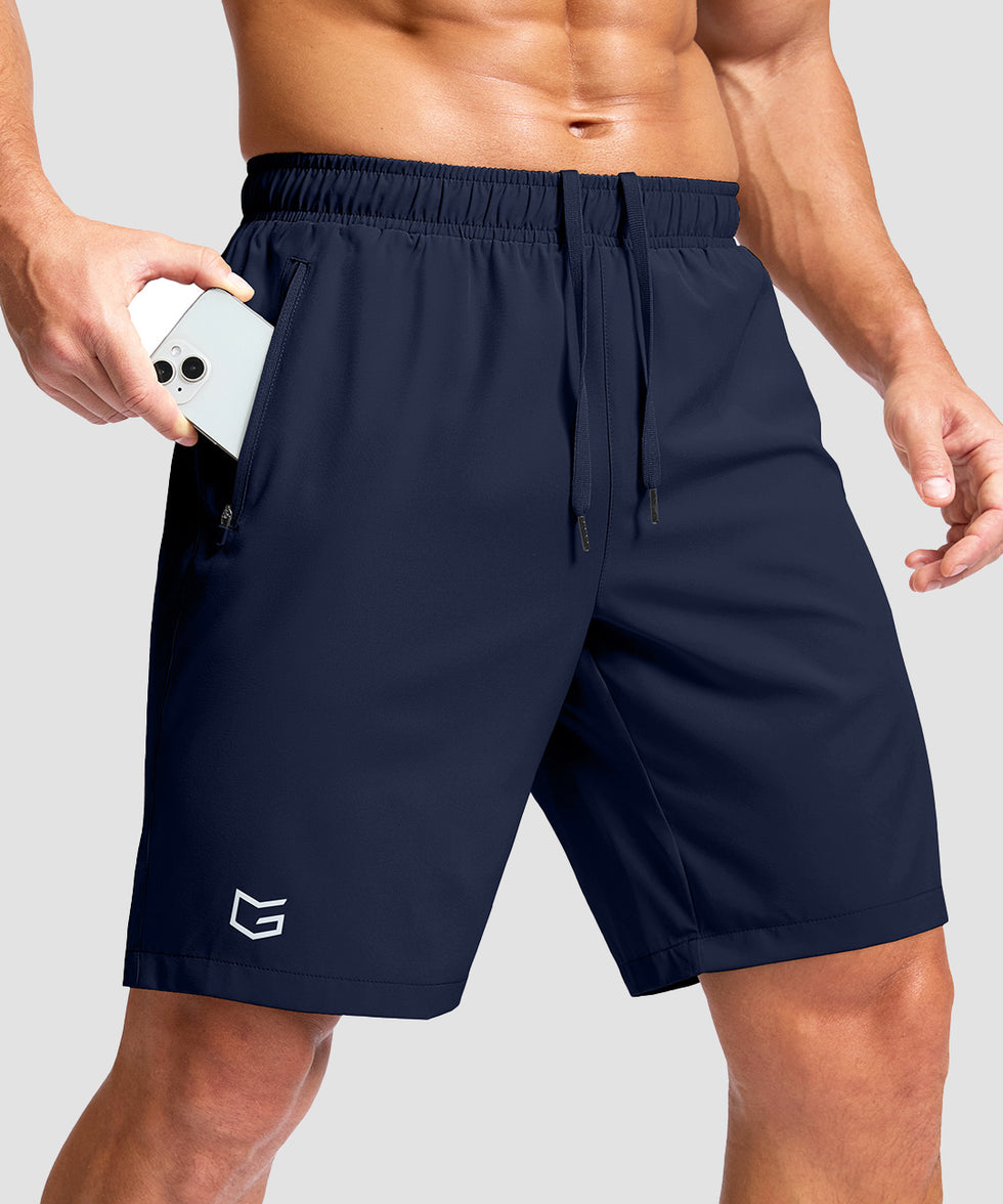 men's elastic waist zipper pockets short 9'' in navy - zipper pocket detail view