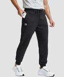 men's fleece-lined cotton joggers in black - zipper pocket detail view