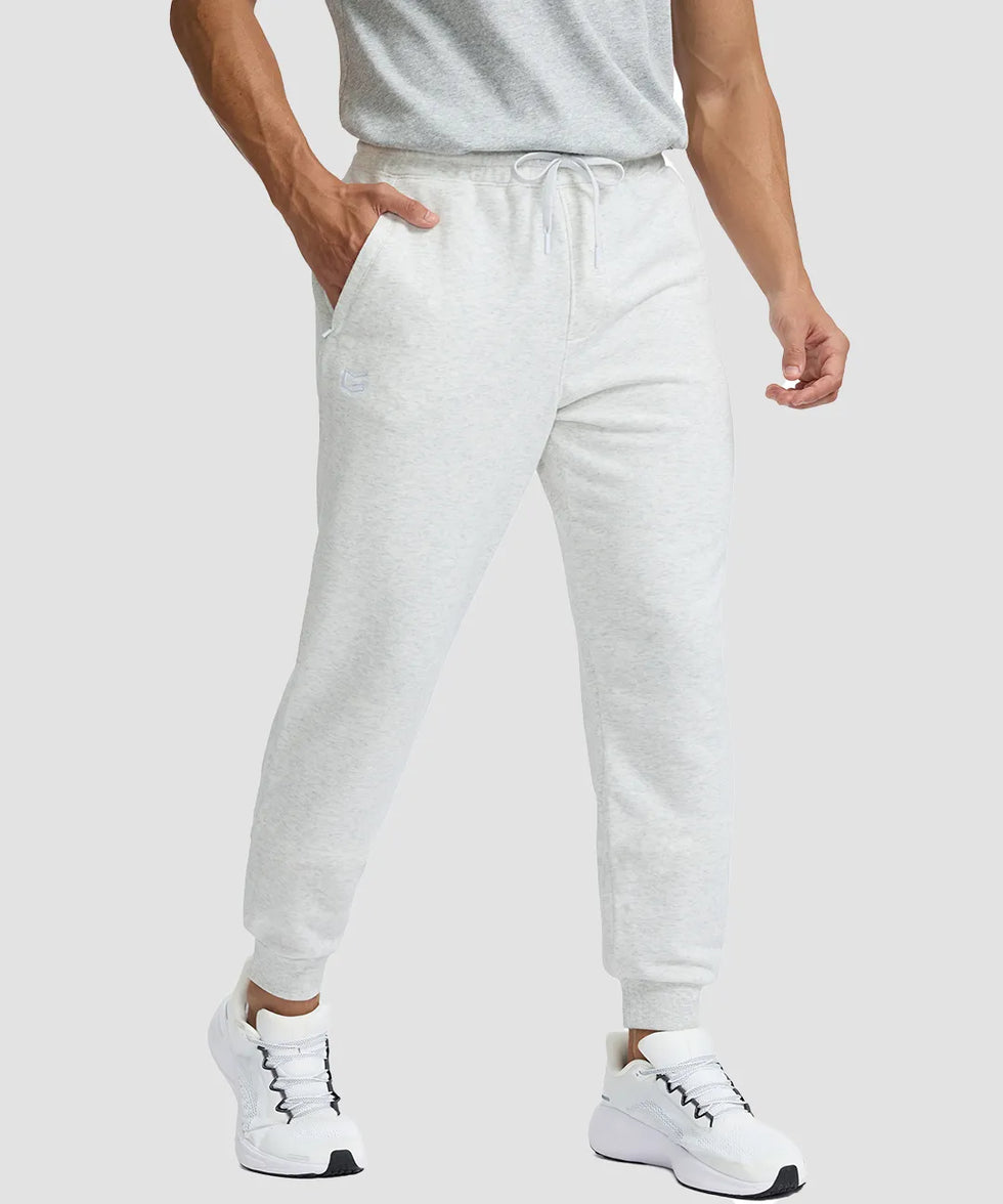 men's fleece-lined cotton joggers in grayish white - zipper pocket detail view