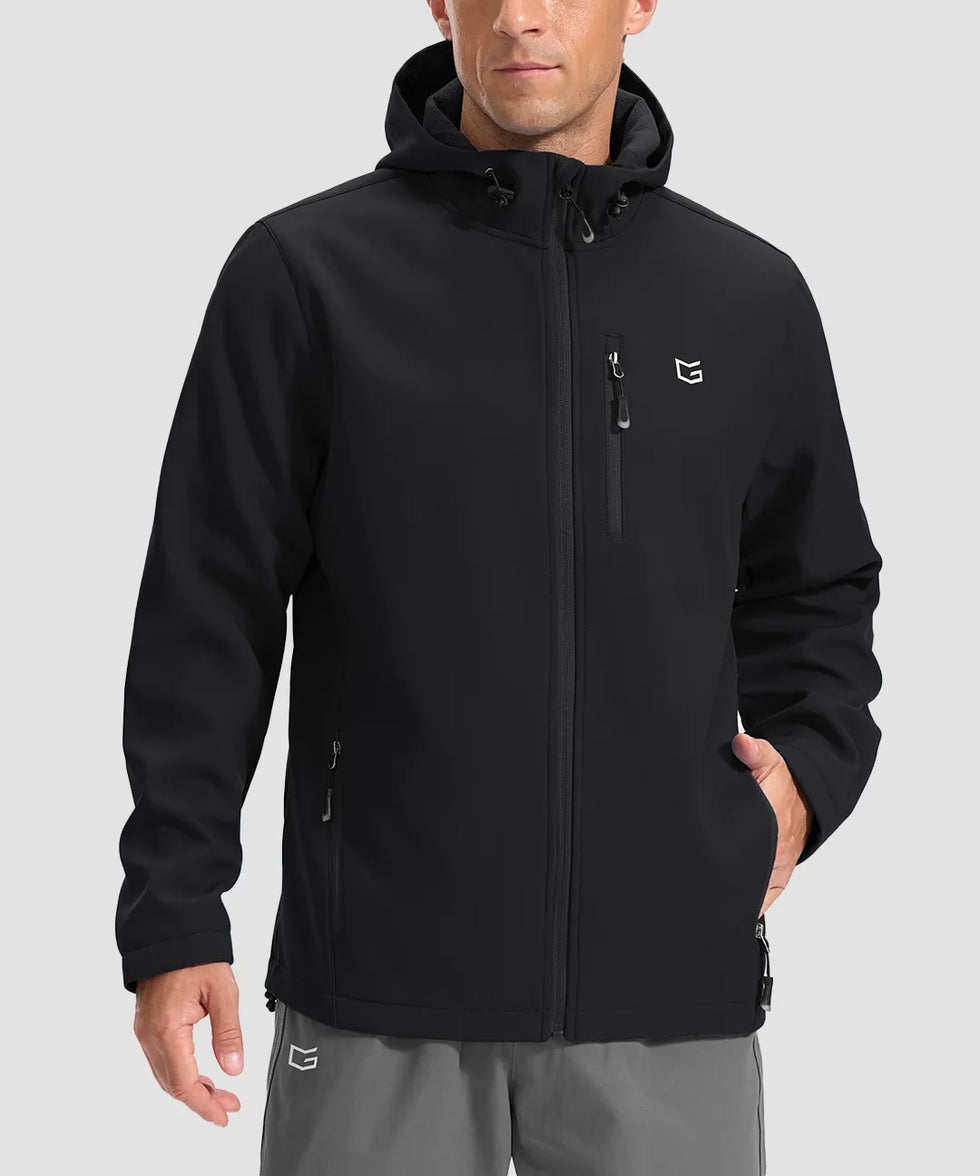 men's fleece-lined hooded softshell jacket in black - front view