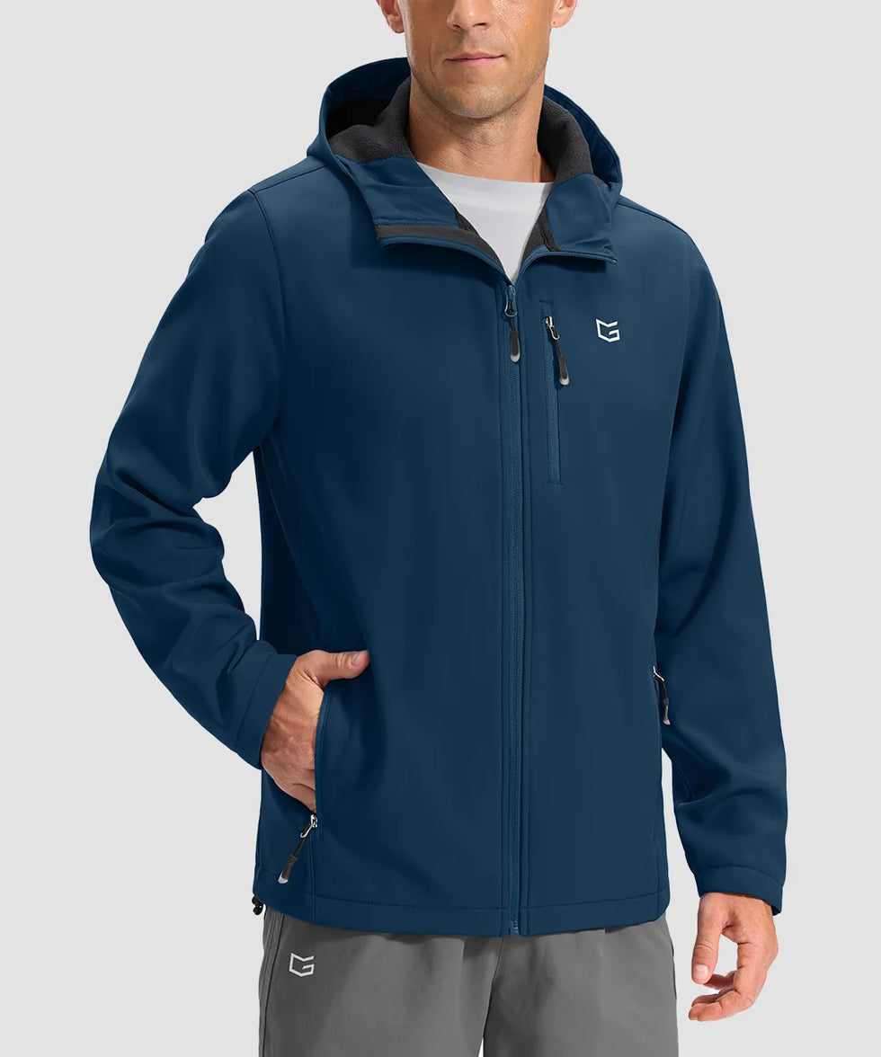 men's fleece-lined hooded softshell jacket in dark blue - front view
