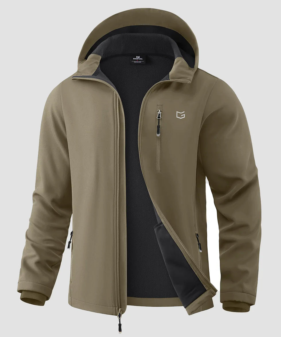 men's fleece-lined hooded softshell jacket in olive khaki - fabric detail