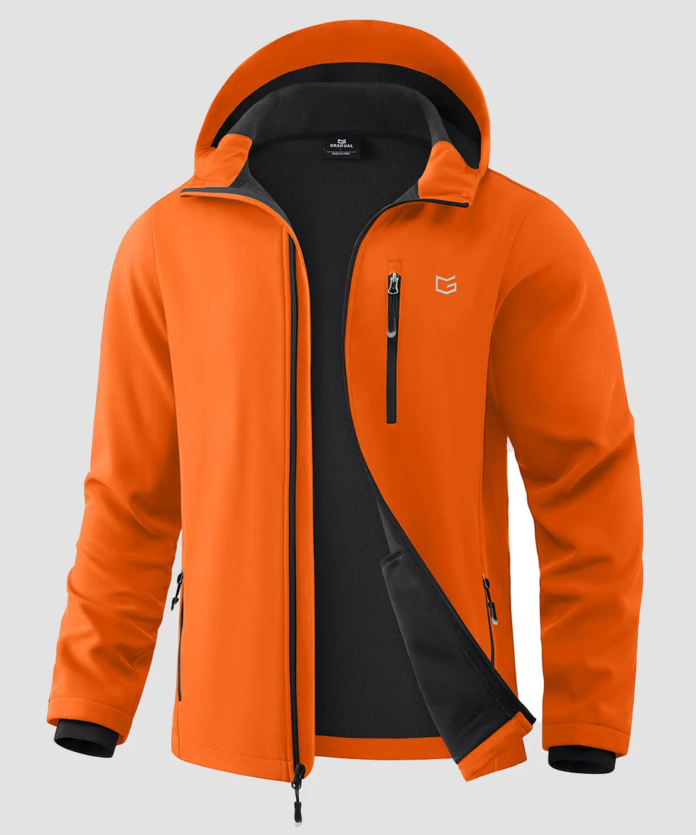 men's fleece-lined hooded softshell jacket in orange - fabric detail
