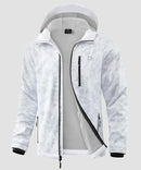 men's fleece-lined hooded softshell jacket in white gray camo - fabric detail